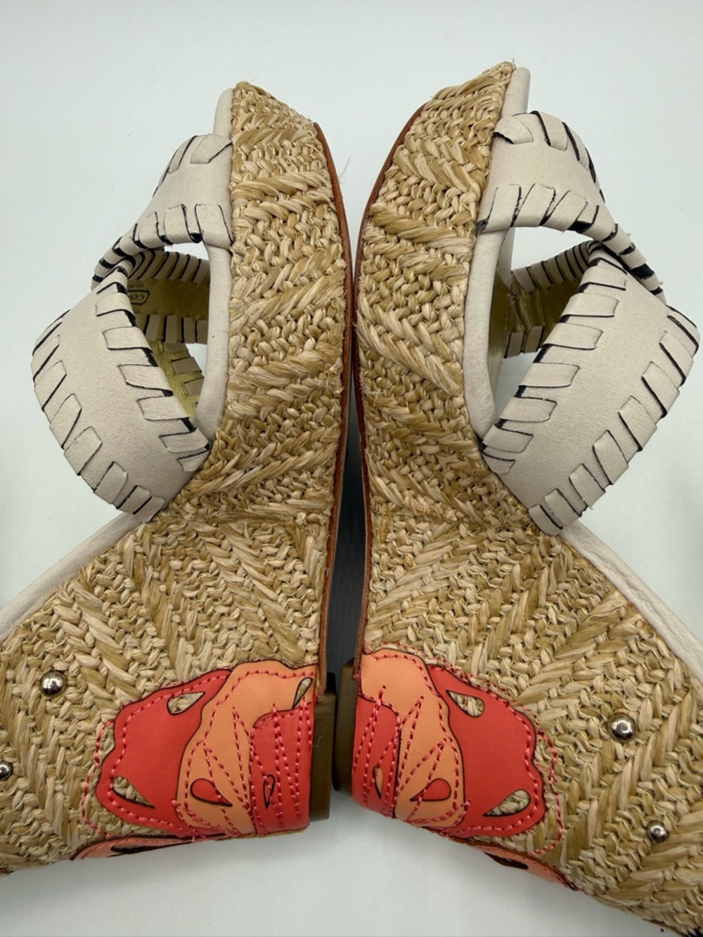 Coach Justeen Wedge Sandals Beige Leather Floral Platform Espadrille Heels - Picture 14 of 17